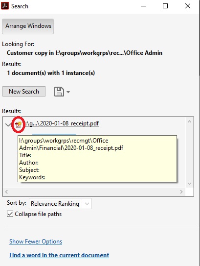 the pop up window displaying the search results with one PDF located. A small adobe PDF icon is circled and a temporary popup is displayed showing metadata details about the one PDF