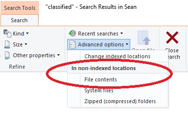 the a Windows File Folder, displaying the term 'classified' in the search bar and featuring one PDF and two excel documents as being located with the search term and setting