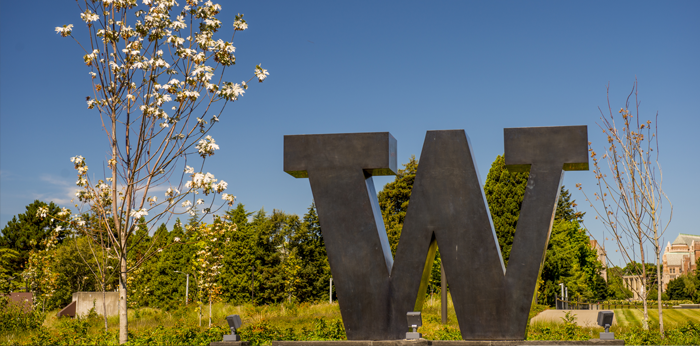 large iron W with cherry trees