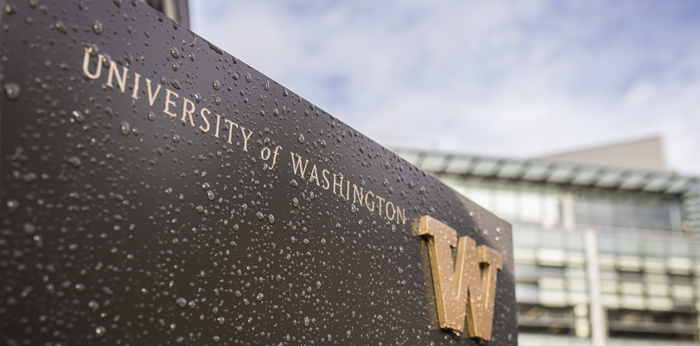 university of washington sign with raindrops